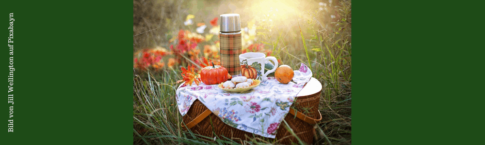 Picknickkorb auf dem Feld mit Essen und Getränken im Sonnenschein